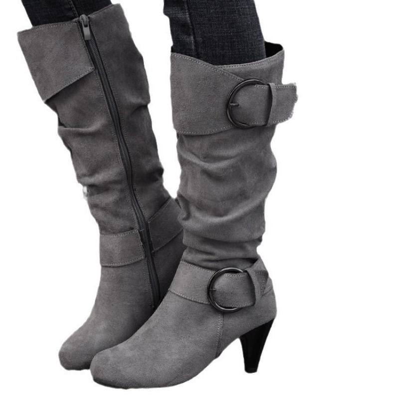 New Autumn and Winter Boots, Women's Shoes, Knee-length Mid-boots, High-heeled Belt-buckle Ankle Boots