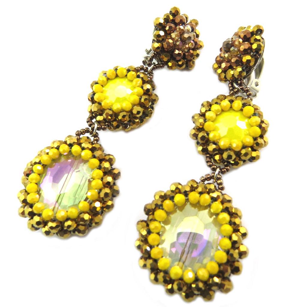 Lily-Crystal [P3690] - Clips d'oreilles artisanales 'Callas' jaune doré - 10x3 cm
