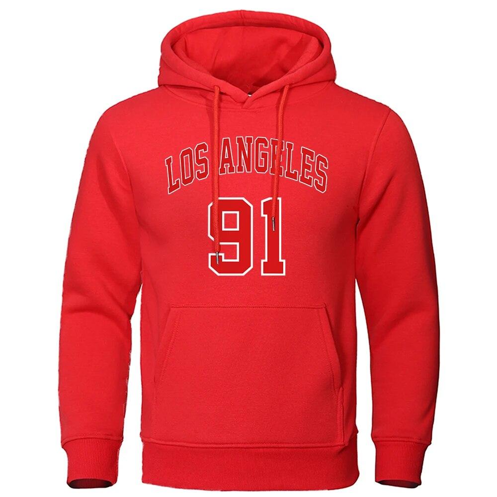 Los Angeles 91 Team Uniform Print Hooded Autumn Fleece Pullovers Oversized Loose Streetwear Comfortable Sweatshirts Fashion