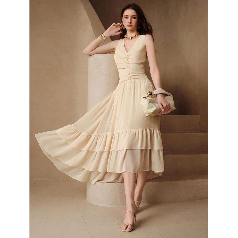 Summer sleeveless large V-neck waist thin decorative buckle hem multi-layer ruffle edge fishtail skirt women S