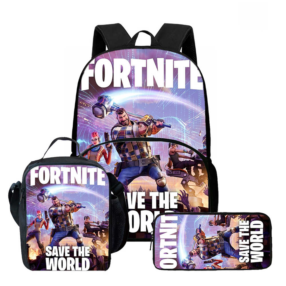 3Pcs Set School Backpack With Front Pocket & Lunch Bag & Pencil Bag,Fortnite Cartoon For Age 6-10,Lightweight For Boys & Girls