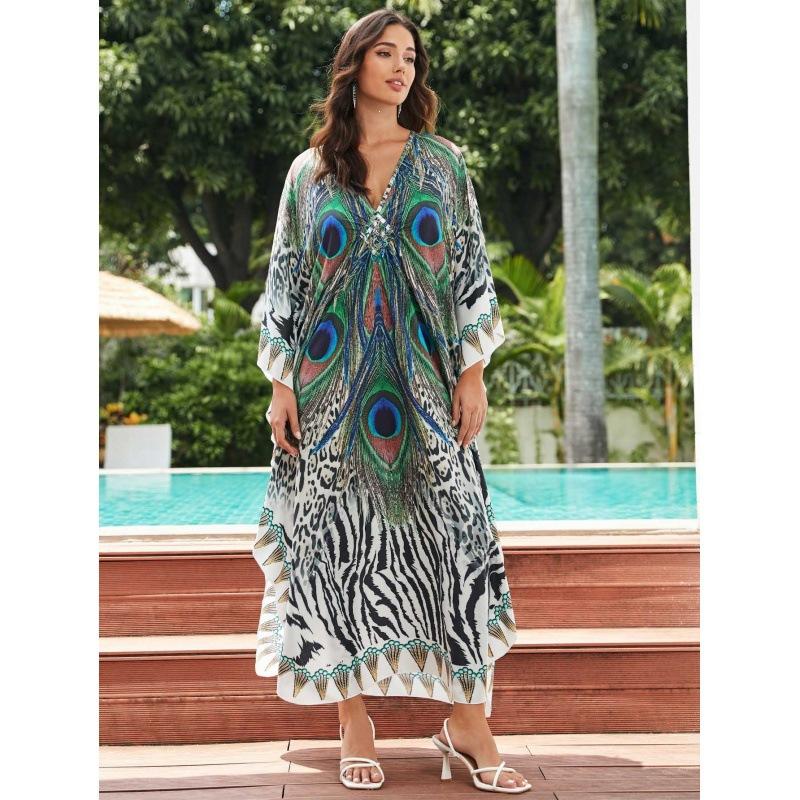 Vacation dress, long robe, loose positioned print beach cover-up, bikini dress