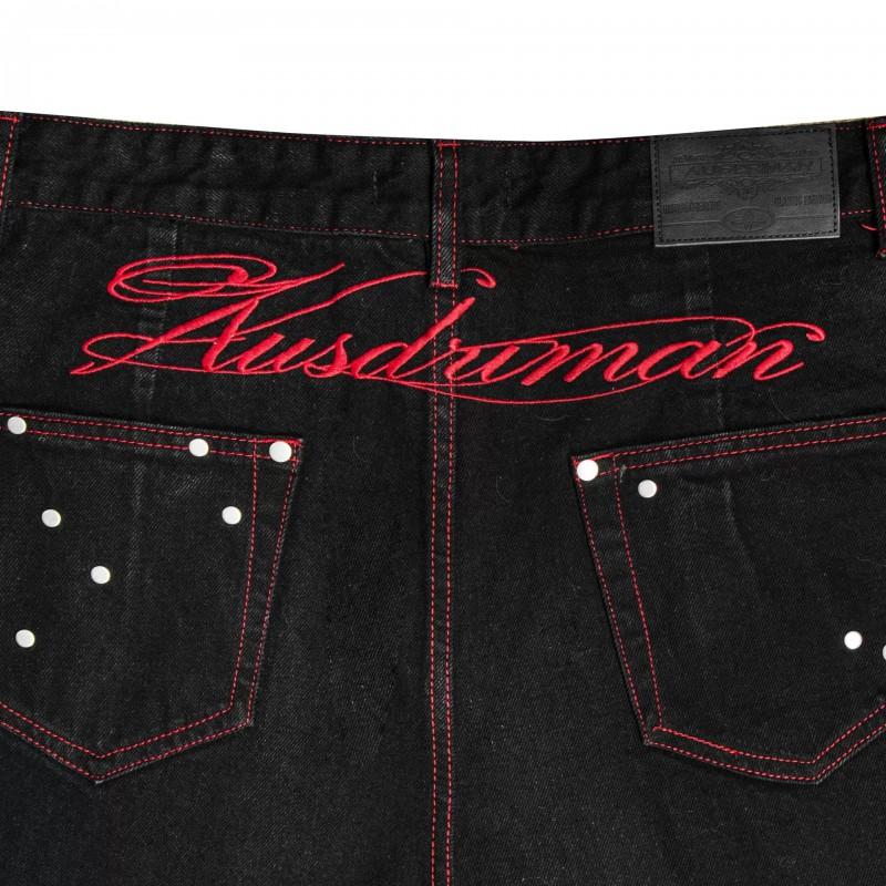 Mens Relaxed Straight Leg Jeans American Retro Red Line Star Embroidery Rivet Black Casual Denim Pants