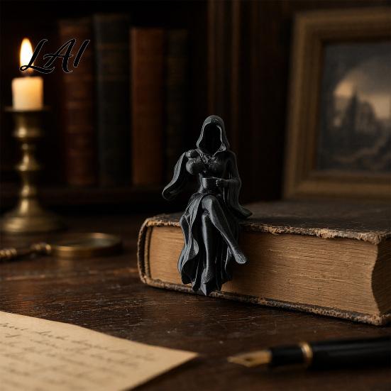 Hooded Lady Statue Gothic Reaper Figurine 3D Printed Dark Fantasy Shelf Sitter Figurine for Display Mysterious Black Robed Women Pouring Tea