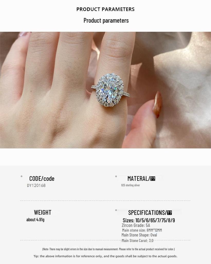 High Carbon Diamond S925 Sterling Silver Zircon Ring for Women - Super Shiny, Square Oval Design, High Quality