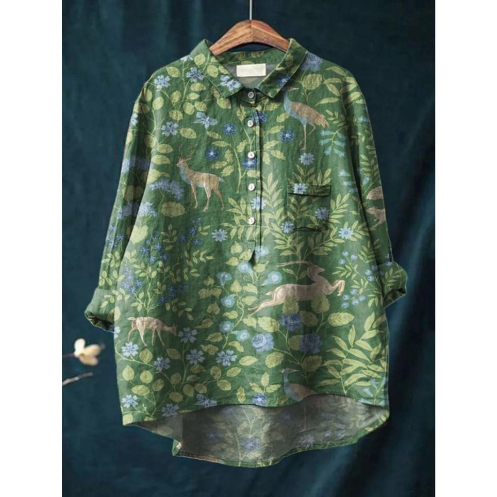 Women's Turn Down Collar Long Sleeve Floral Print Shirt Loose Fit Elegant Casual Blouse