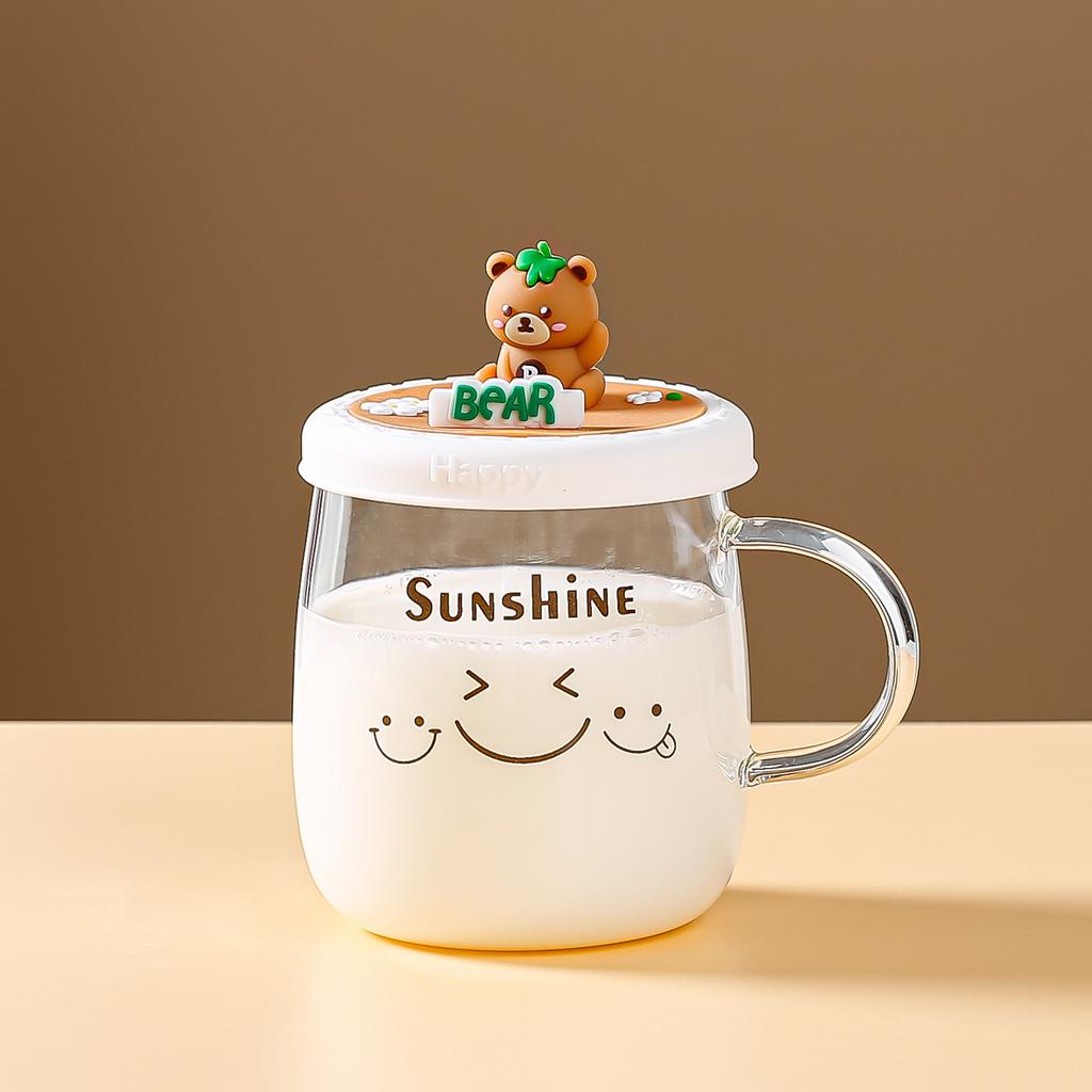 Cupa din Sticlă Borosilicată Înaltă cu Capac Cupă Drăguță pentru Apă Rezistentă la Temperaturi Înalte Cupă de Birou pentru Fete Cupă Cartoon Creativă cu Personalitate