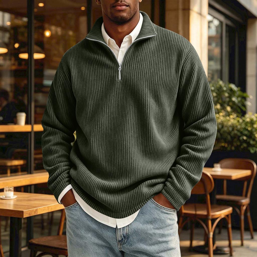 Men's Vintage Corduroy Long Sleeve Shirt with Zip Stand Collar Casual Top