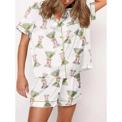 Two Piece Women Summer Pajama Set Cocktail Butterfly Print Short Sleeve Shirt with Shorts Sleepwear Loungewear