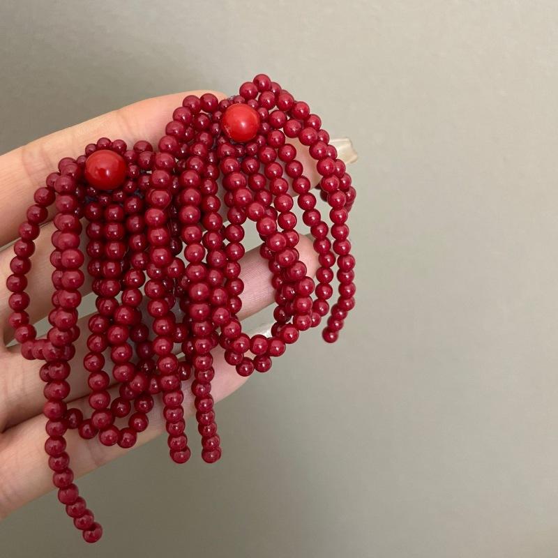New Elegant Red Bow Beads Earrings for Women Girls Fashion Cute Sweet Long Tassel Dangle Earrings Luxury Party Jewelry Gifts