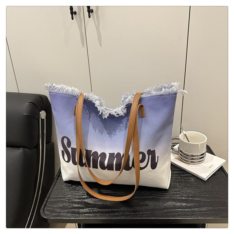 Summer Large Capacity Women Canvas Shoulder Bags Casual Tassel Design Ladies Beach Tote Bag Ctrast Color Letter Female Handbag