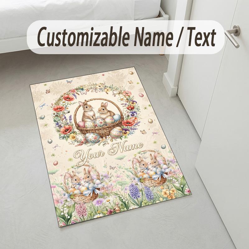 Easter Bunny Theme Crystal Velvet Rug Personalized Custom Name Text Soft Floor Mat Home Decor
