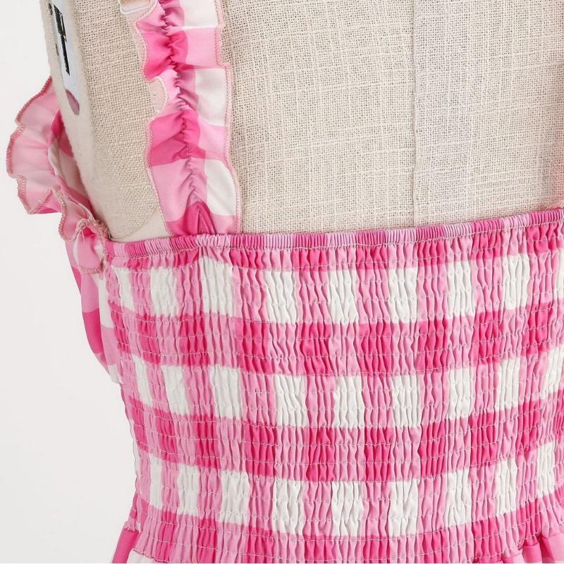 Sexy suspender chest wrap plaid print lace A-word dress