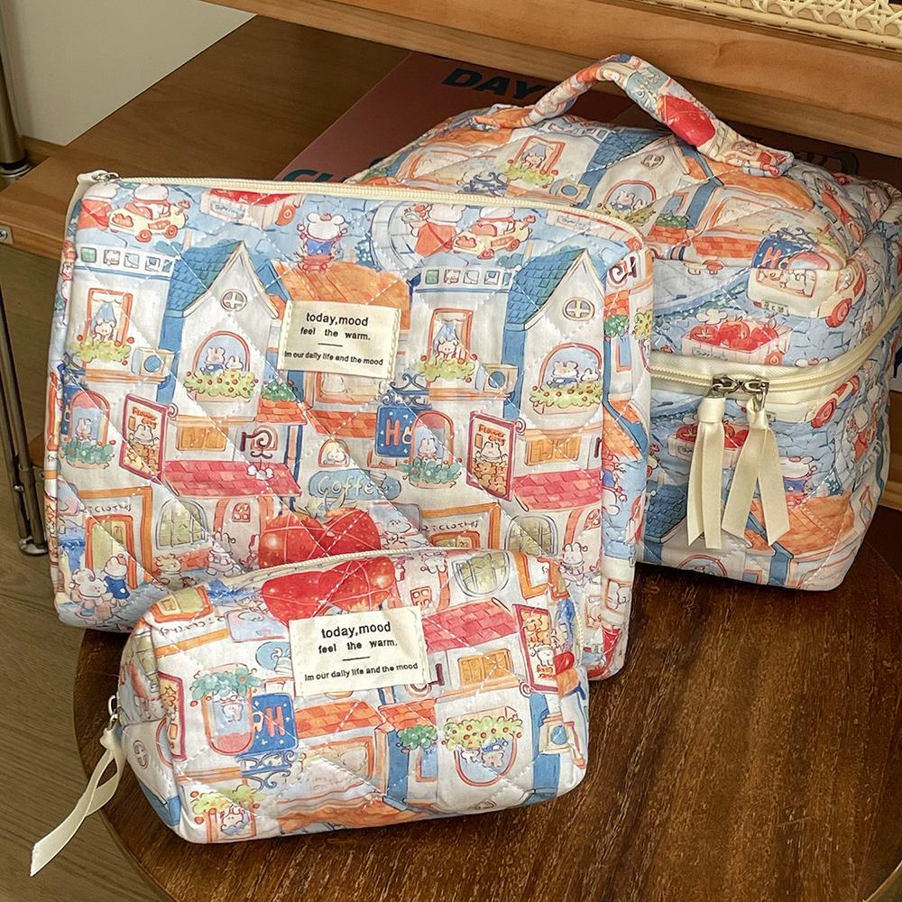 Cartoon Animals Pattern Makeup Quilted Bag Women Portable Tote Lipstick Cosmetic Storage Handbag Ladies Vintage Zipper Pouch Bag