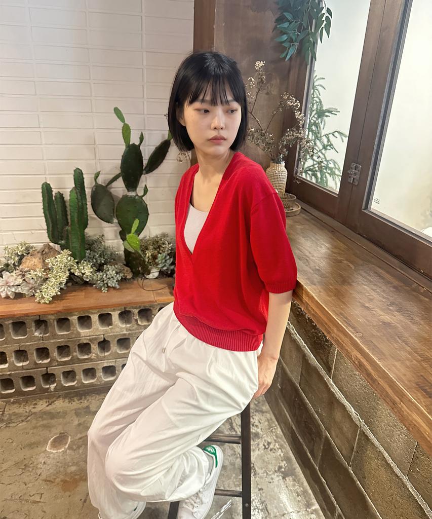 Seuneogeuyu Relaxed Deep V Layered Knit Top With Half Sleeve_3 Colors