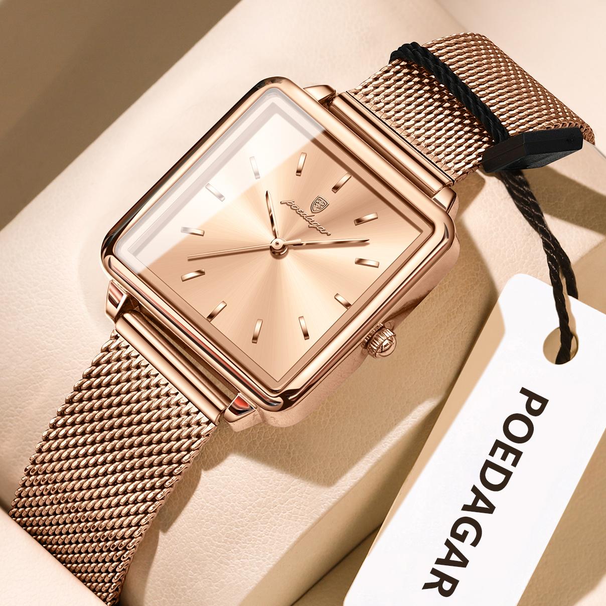 

POEDAGAR Square Fashion Ladies Watch Waterproof Stainless Steel Mesh Watch for Elegant Quartz Watches Female розового золота