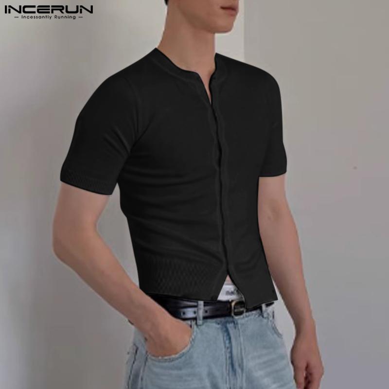 INCERUN Men Casual Short Sleeve Buttons Up Casual Fitted Tops T-shirts