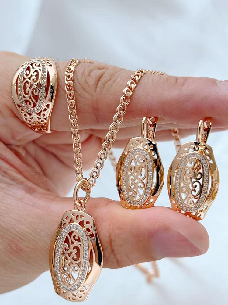 Kinel 585 Rose Gold Ethnic Bride Ring Earrings Necklace for Women Hollow Pattern Natural Zircon Daily Fine Jewelry Set