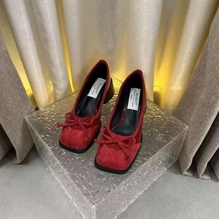 Fashion With Medium Heels Woman Pumps Shoes for Women Chunky Bow Square Toe Block Heel Discount Non Slip Vacation Footwear Wholesale Y2k