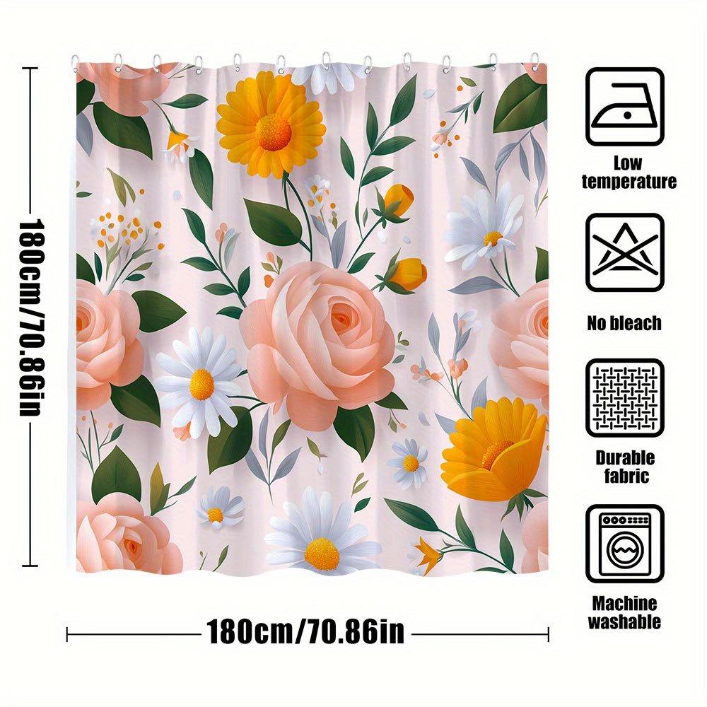 1Pc Floral Shower Curtain - Realistic 3D Roses, Daisies, Green Leaves On Pastel Pink Background - Extra Large Bath Curtain