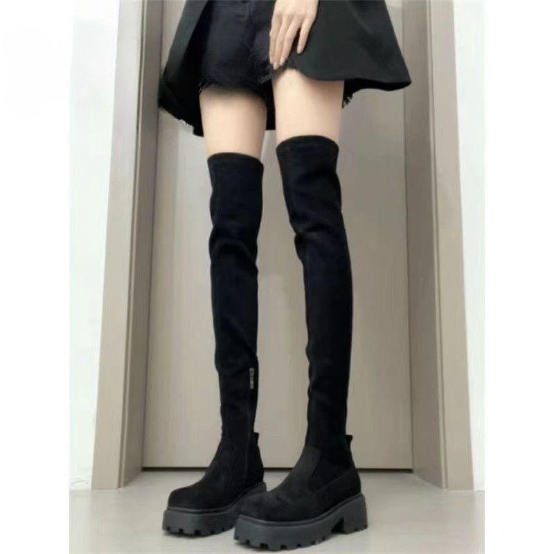Sugar cube thick-soled over-the-knee boots women's 2025 new suede elastic boots knight boots spice girl retro motorcycle boots ins
