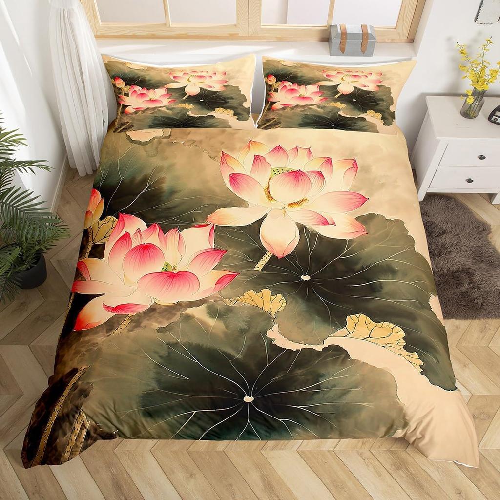 Lotus Duvet Cover, Water Lily Bedding Set, Lotus Leaf Quilt Cover, Summer Theme Print Comforter Cover For Girl Women Twin King