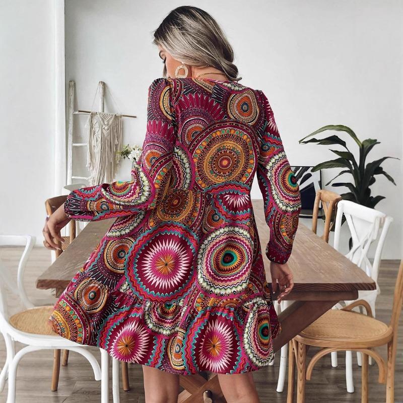 Podzimní dámské Boho šaty s dlouhým rukávem a výstřihem do V