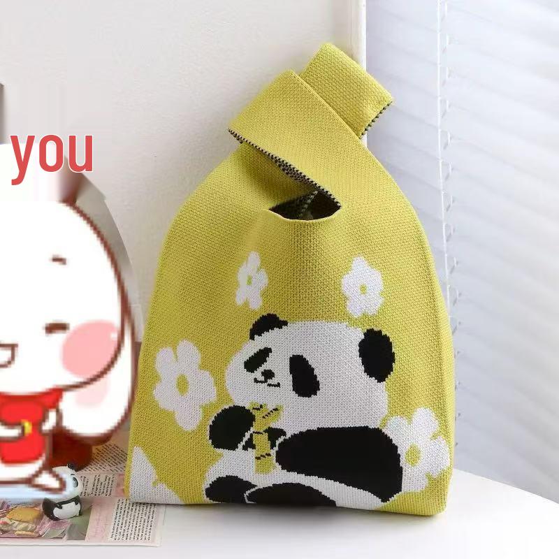 Handmade Cute Panda Knitted Tote - Versatile Women's Woven Handbag
