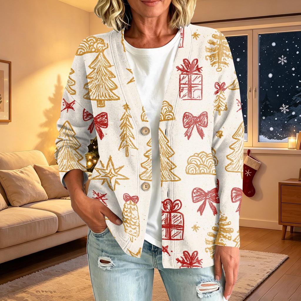 Women's Fashion Casual Button Front Christmas Print Coat