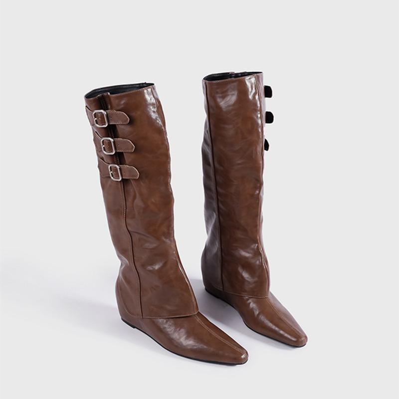 

Fashion Autumn Winter Patent Leather Belt Buckle Women Knee-high Boots Fashion Square toe Wedges Chunky Heeled Knight Long Booties Shoes 40 коричневый