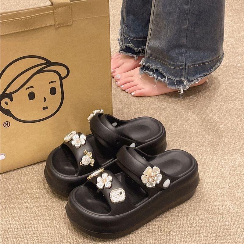 High-heeled sandals women's summer fashion outer wear cute flower pearl platform two wear beach non-slip cool slippers