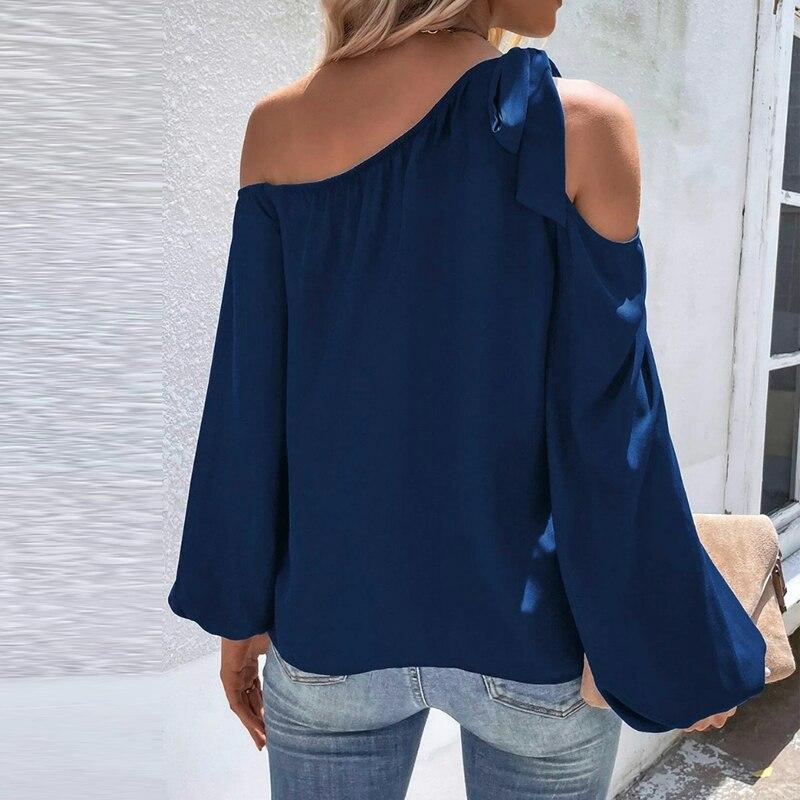 Spring Office Lady Fashion Off Shoulder Shirt Women Tops Long Lantern Sleeve Loose Clothes Crew Collar Chiffon Blouses 25468