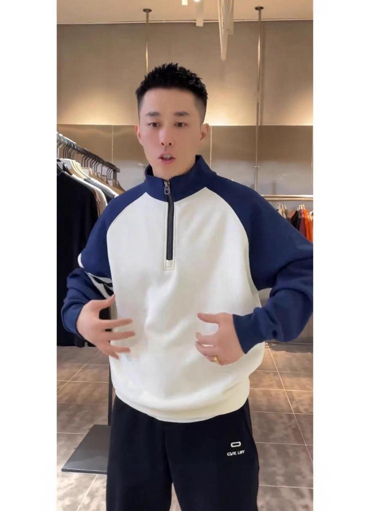 Men's Color Block Half-Zip Stand Collar Raglan Hoodie – Autumn/Winter Collection