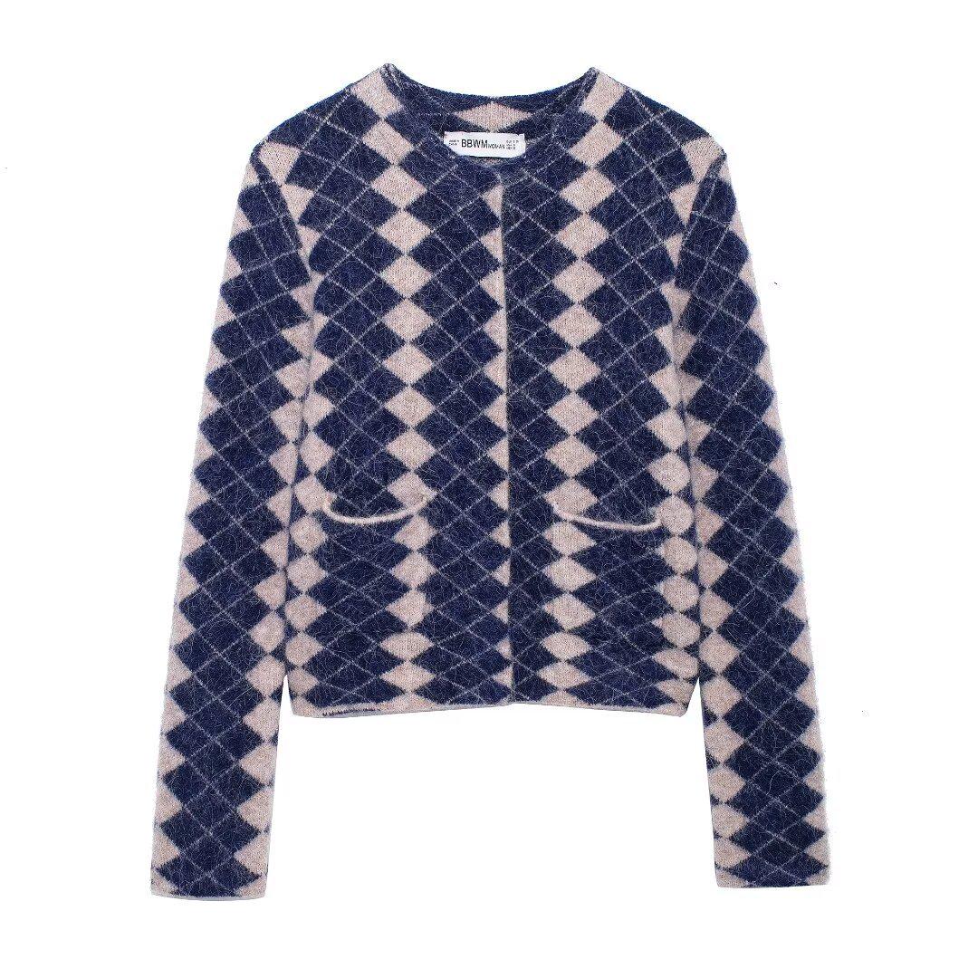 

Женский вязаный кардиган с круглым вырезом и жаккардовым узором в виде ромбов в европейском и американском стиле, осень 2024 Small синий