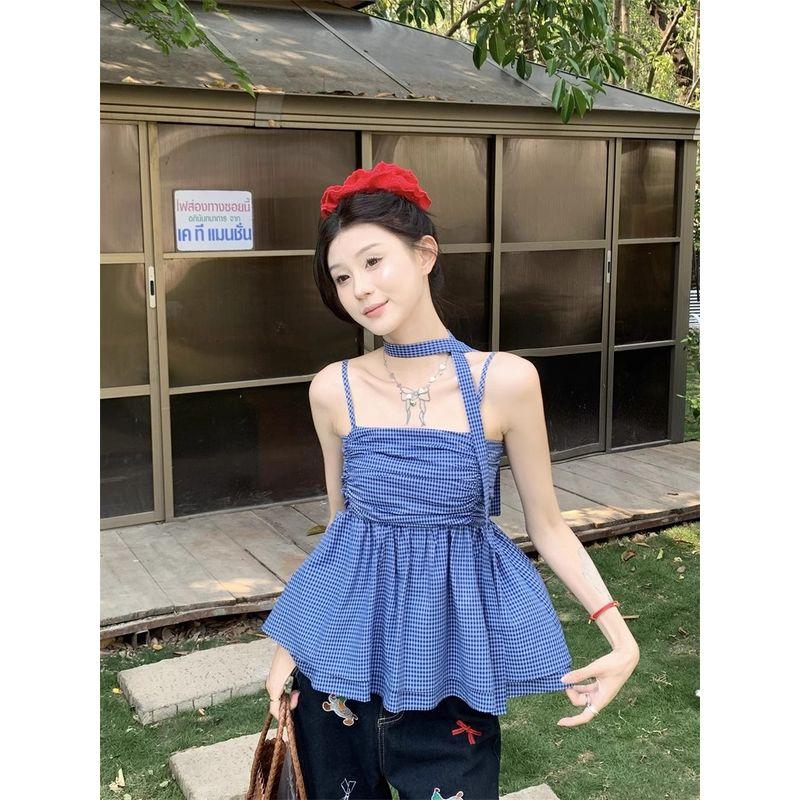 Kumikumi Sweet Gyaru Wind Plaid Pleat Cami Pack Women Summer Retro Age-Reducing Ribbon Sleeveless Top