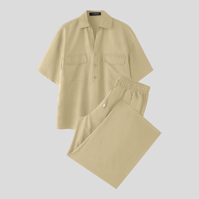 

INCERUN Мужские футболки с коротким рукавом и длинные брюки, повседневные комплекты для дома 5XL абрикосовый