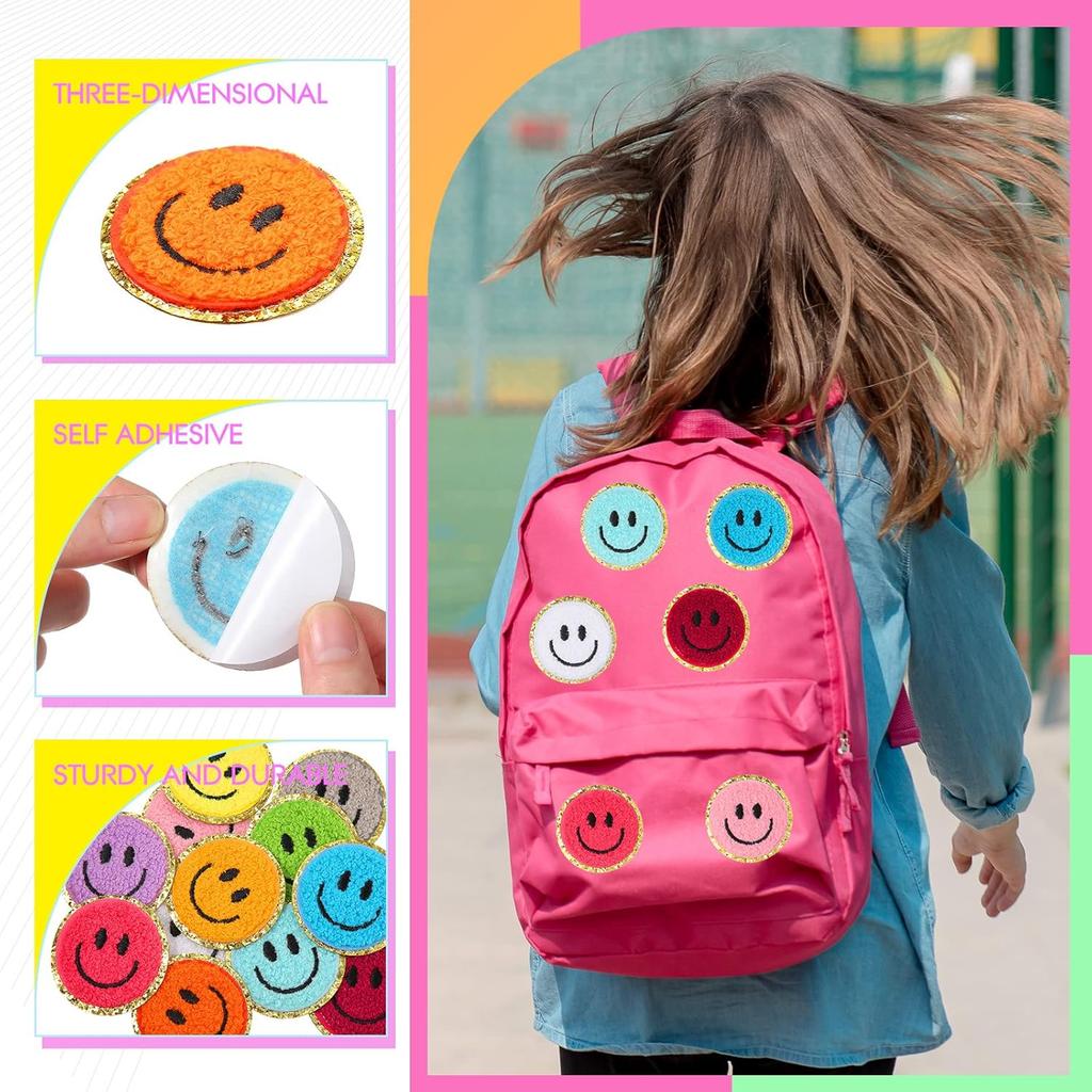 72 Pcs Self Adhesive Smile Face Patch Chenille Patches Colorful Cute Happy Face Chenille Patch Applique for Clothing Fabric Jackets DIY Mobile Phone