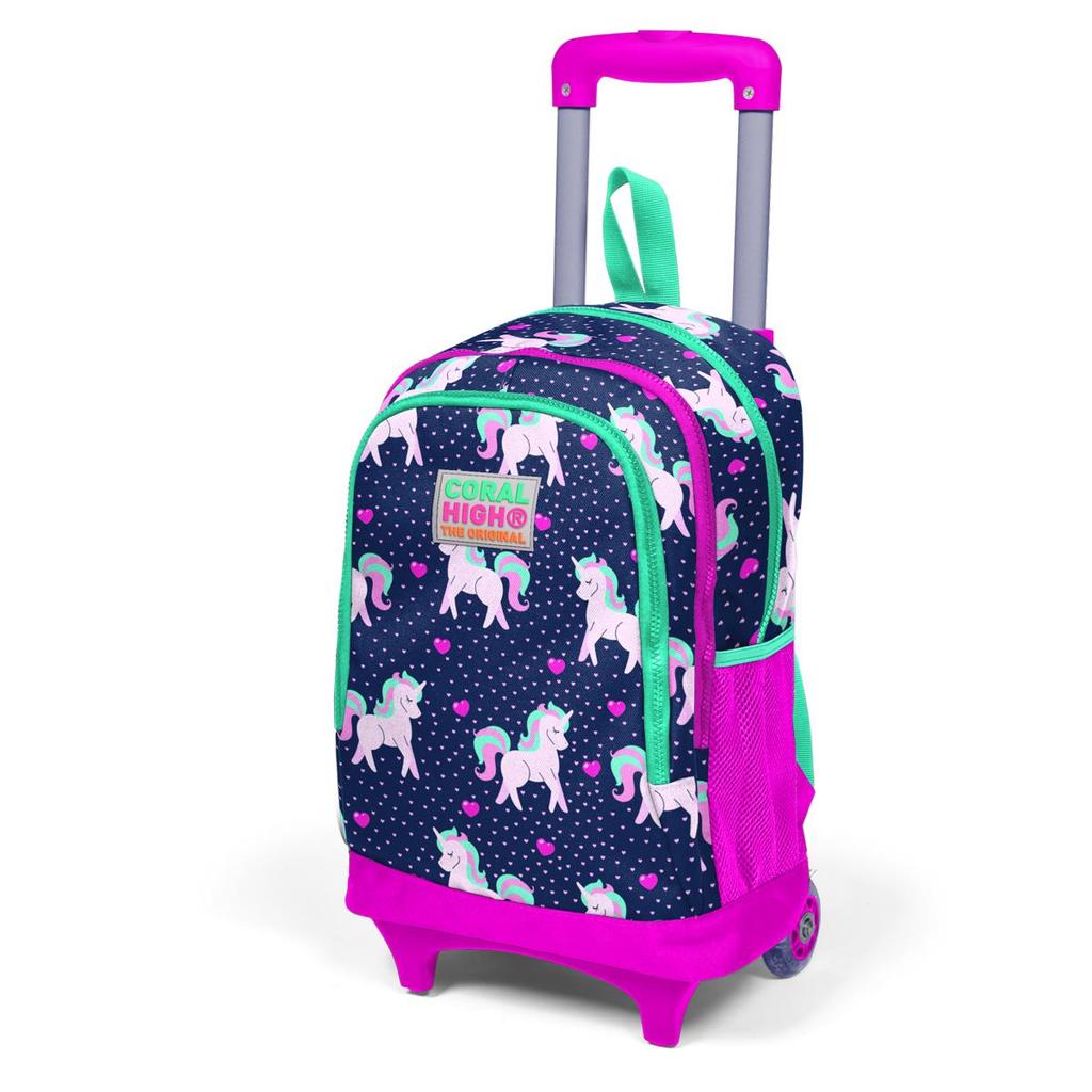 Coral High Kids Navy Blue Pink Unicorn Patterned Three-Compartment Squeegee Backpack 23366