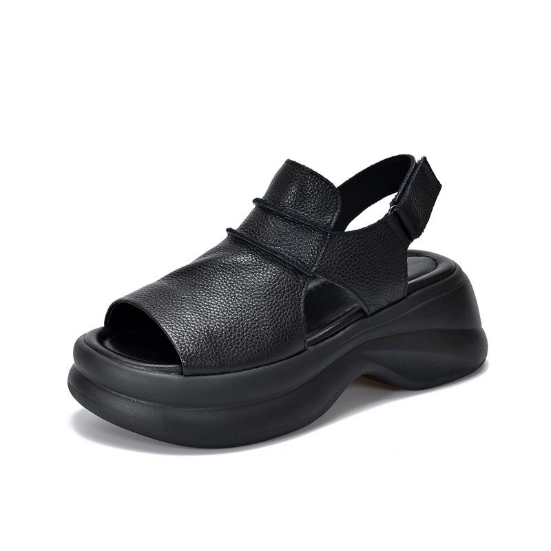 Johnature Sandálias Leves de Sola Grossa com Peep Toe Versátil Casual Couro Genuíno Sola Macia Sapatos Femininos