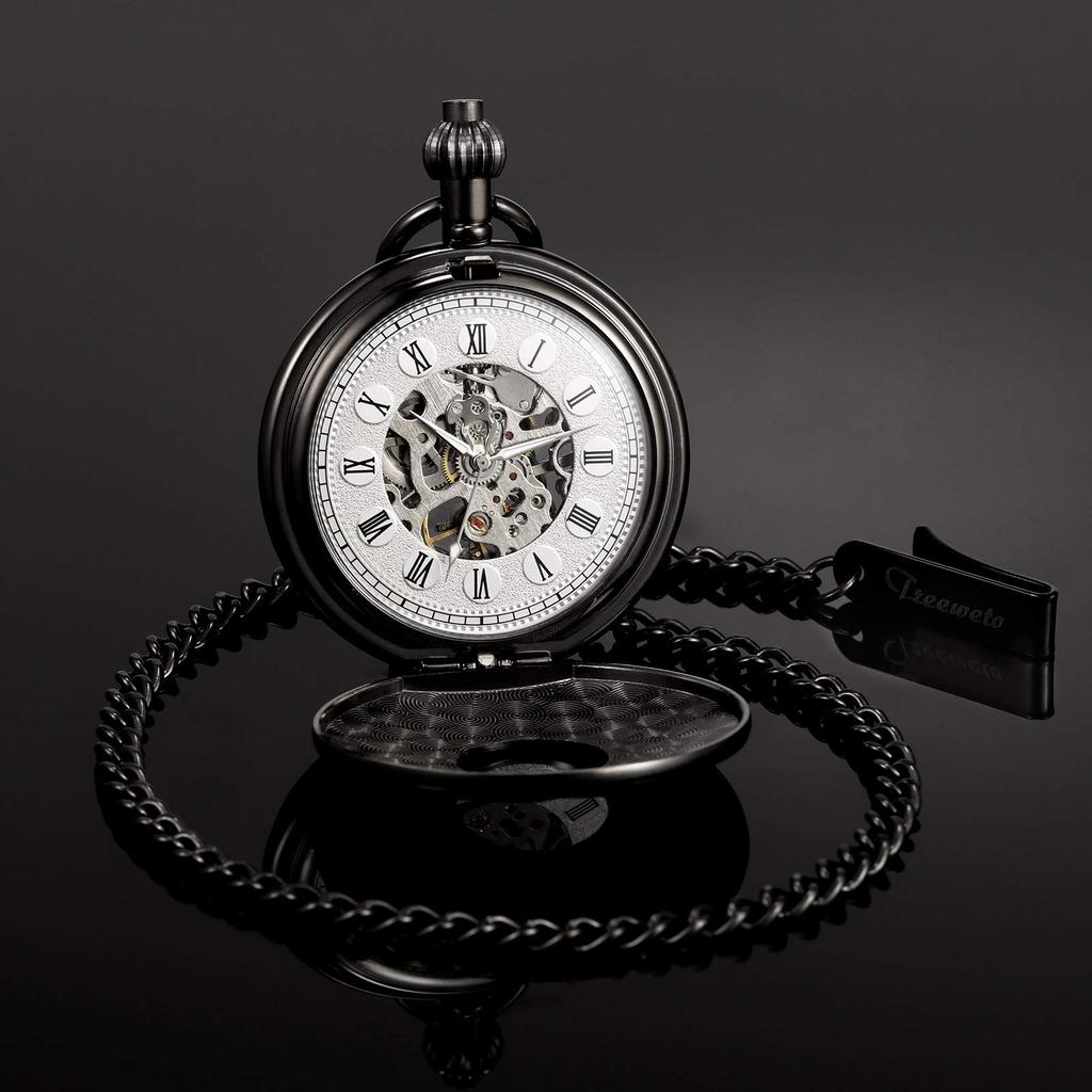 TREEWETO Klassische Mechanische Taschenuhr mit Römischen Ziffern und Anhänger, Schwarze Kette,