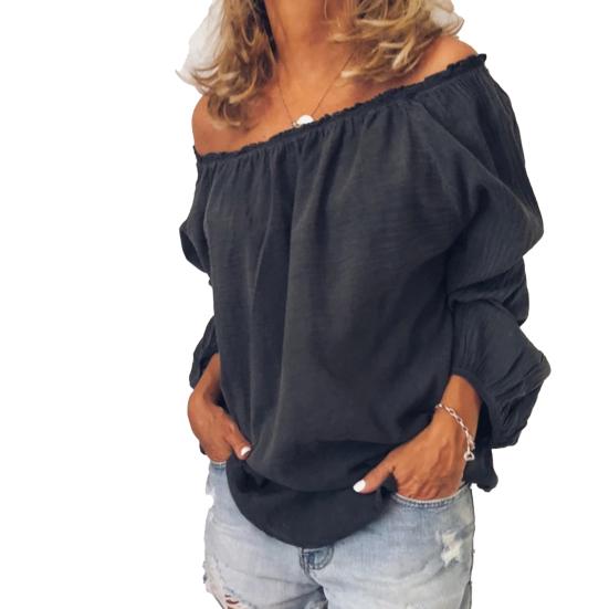 Women Blouse Pleated Off Shoulder Autumn Winter Solid Color Long Sleeve Top for Party