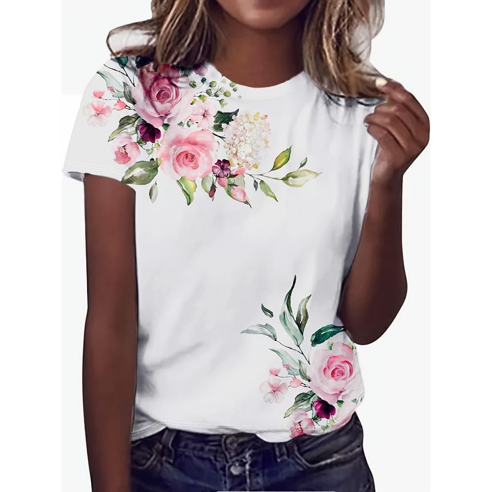 Summer Fashion Women's T-shirt Beautiful Flower Pattern Printed T-shirt Round Neck Short Sleeve Regular Top Women's T-shirt