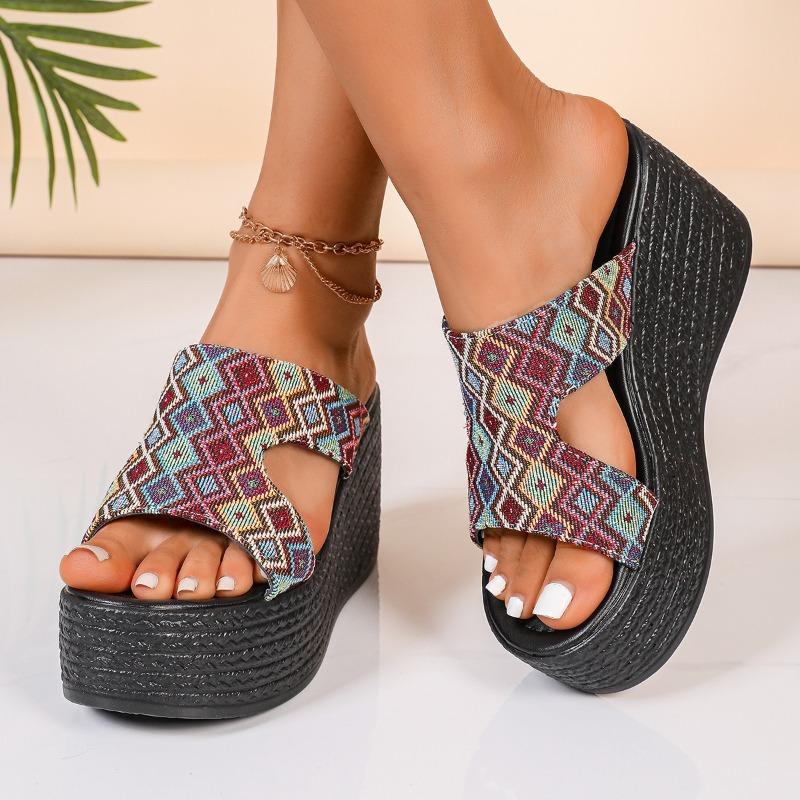 Women’s Canvas Wedge One-Strap Sandals, Thick Sole Summer Beach Slides
