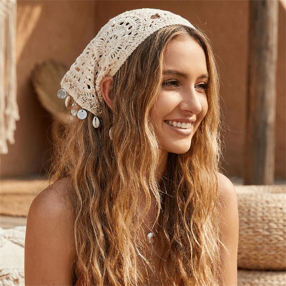 Forest Style Crochet Head Wrap Seashell Tassel Hollow Out Headscarf Vacation Wear