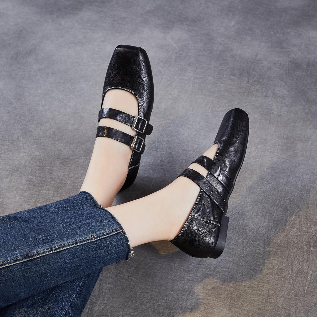 Square head leather Mary Jane women's shoes 2026 spring new belt buckle shallow mouth single shoes flat bottom small leather shoes