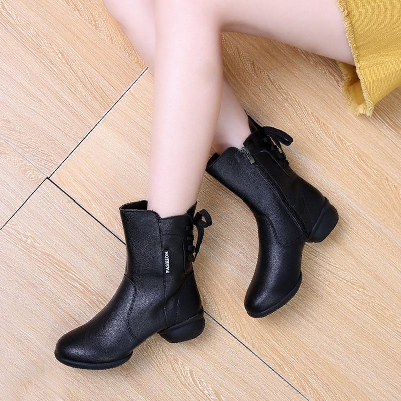 Modische Leder Damen Tanzstiefel für Damen Ballroom Modern Dance Schuhe Schwarz Mädchen Weiche Sohle Bachata Salsa Tanzschuhe