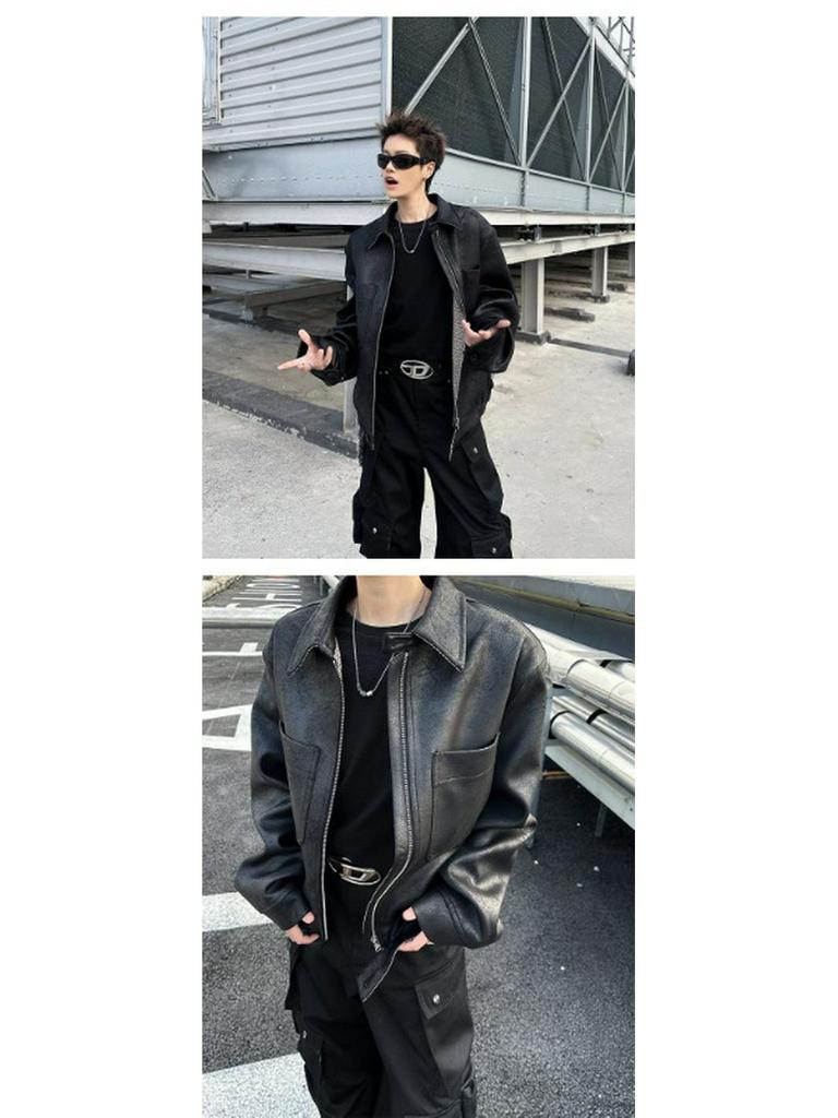 Men's High Street Trendy PU Leather Plaid Jacket - Autumn/Winter Short Casual Style