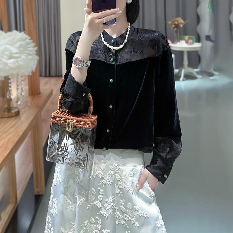 Black Silk Velvet Long Sleeve Top - New Chinese Style Women's Autumn Shirt