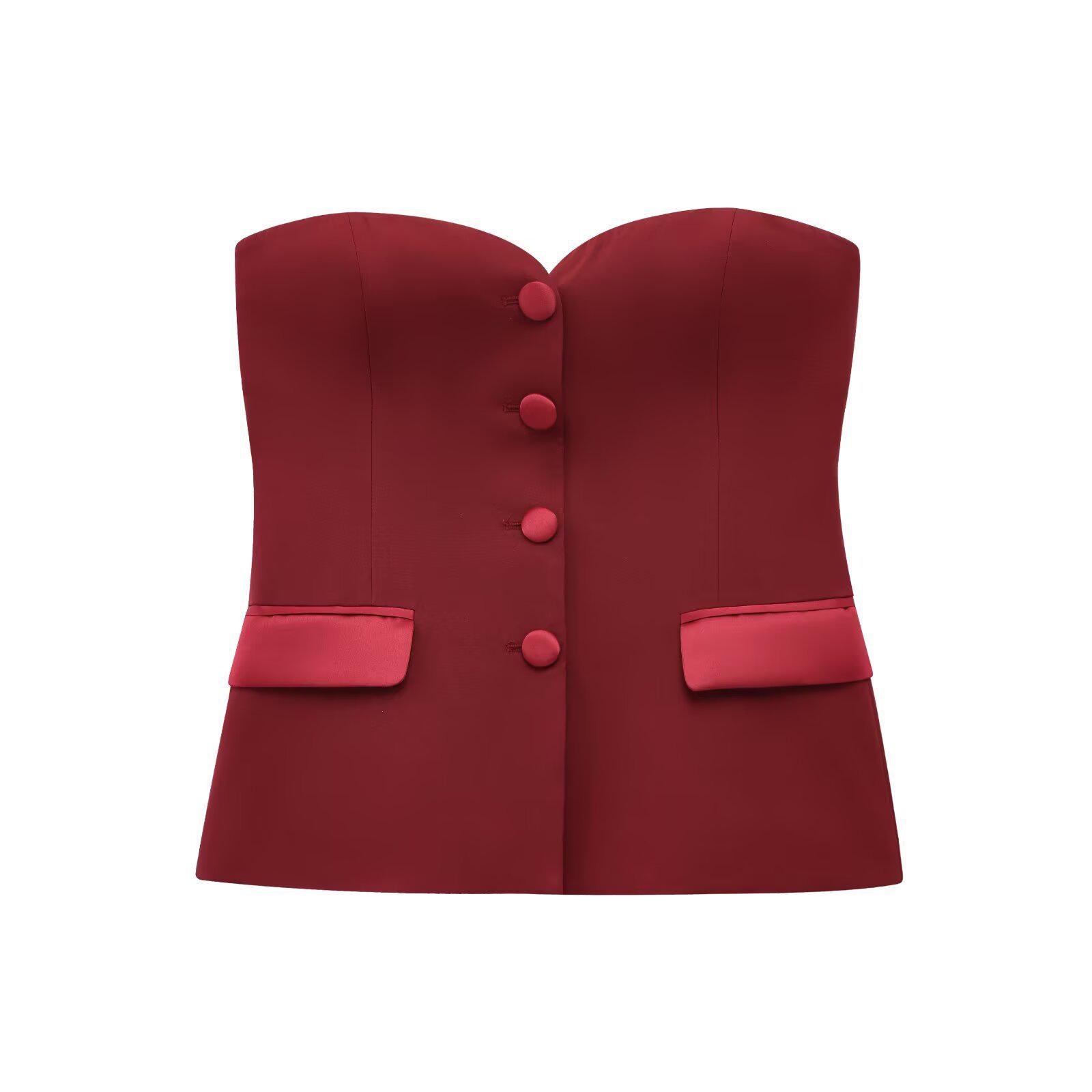 

Silk Satin Patchwork Tight Bodice Top - Summer Style (Model 8881593) L вино красного