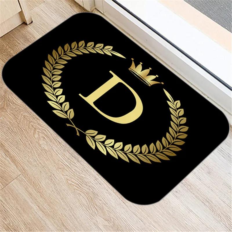 Kitchen Bathroom Non-slip Floor Mat Style Indoor Rug Black Gold Crown Letter Decoration Entrance Door